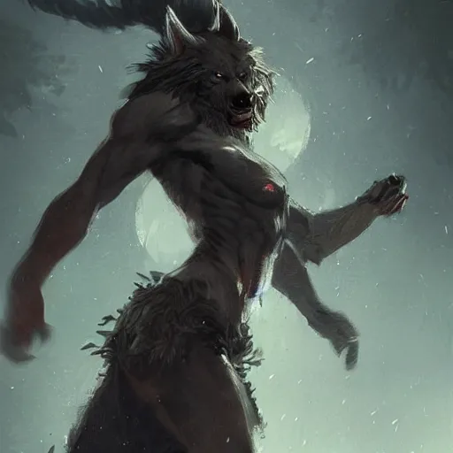 Prompt: a beautiful portrait of a werewolf warrior by Greg Rutkowski trending on Artstation
