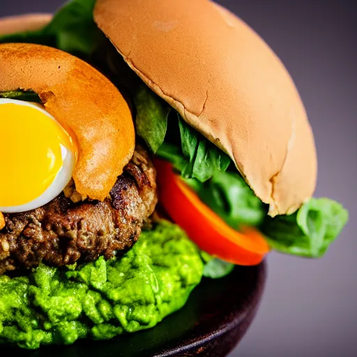 Image similar to juicy vegan hamburger topped with guacamole, fried onion and a vegan fried egg, crispy buns, 8 k resolution, professional food photography, studio lighting, sharp focus, hyper - detailed