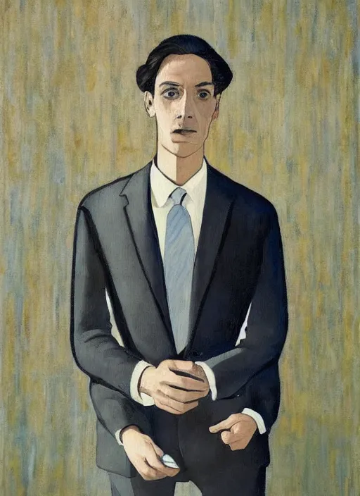 Image similar to a painted portrait of a well dressed man, art by felice casorati, aesthetically pleasing and harmonious natural colors, expressionism, natural light, fine day, portrait