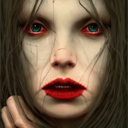 Prompt: portrait of a lady vampire, 35mm, depth of field, DOF, ominous, detailed, realistic, unreal engine, cinematic, high definition, 4k, artstation, Zdzisław Beksiński, irwin penn