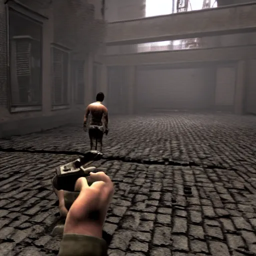 Prompt: screenshot from old playstation game, third person, horror, mohawk punk, silent hill