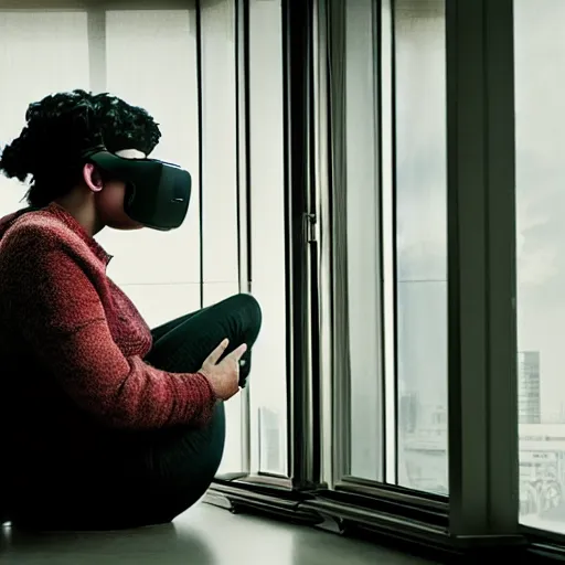 Prompt: photo of a woman in vr headset sitting in cyberpunk room behind the window, by annie leibovitz