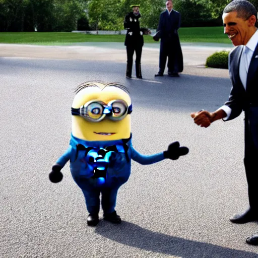 Prompt: minion shaking hands with barack obama