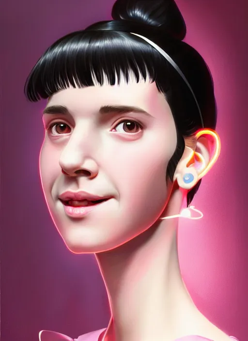 Image similar to portrait of high school girl, realistic, black hair, bangs, half updo hairstyle, pointy nose, skinny, smile, ugly, defined jawline, big chin, pink hair bow, earrings, intricate, elegant, glowing lights, highly detailed, digital painting, artstation, sharp focus, illustration, art by wlop, mars ravelo and greg rutkowski