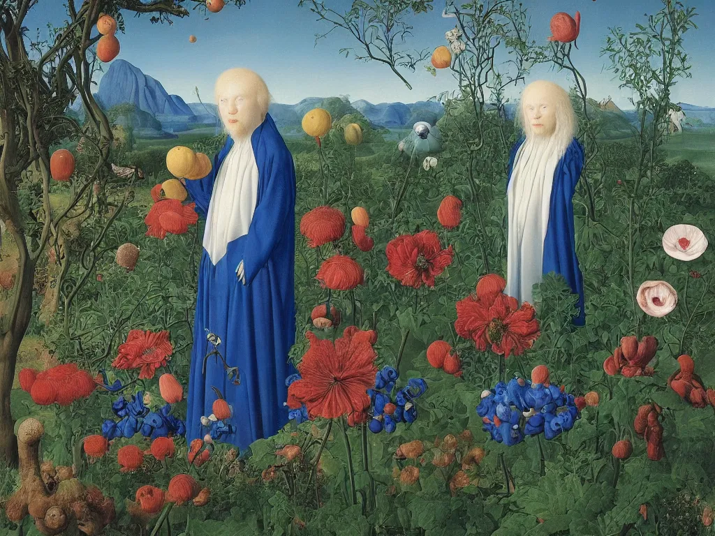Prompt: Portrait of albino mystic with blue eyes, with beautiful exotic anemone. Landscape with orchard in bloom. Painting by Jan van Eyck, Audubon, Rene Magritte, Agnes Pelton, Max Ernst, Walton Ford