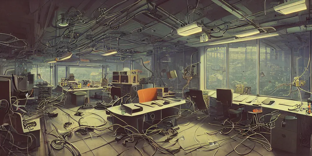 Prompt: open office, 1 9 8 0, retrofuturism, cluttered, wires everywhere, window, at night, dramatic lighting, alien technology, detailed by simon stalenhag