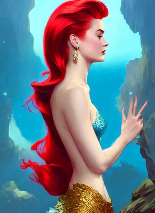 Prompt: Grace Kelly with vibrant red hair as the mermaid Ariel, western, D&D, fantasy, intricate, elegant, highly detailed, digital painting, artstation, concept art, matte, sharp focus, illustration, art by Artgerm and Greg Rutkowski and Alphonse Mucha, masterpiece, stunning, artstation