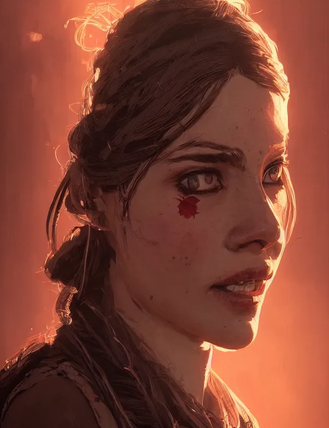 Prompt: close face portrait of a beautiful young female merchant red dead redemption 2 concept art, art by ryo shiotani and greg rutkowski, intricate, beautiful, cute, cinematic lighting, vintage art by serge ivanoff, high resolution, very detailed