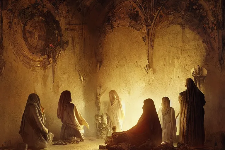 Prompt: inside a tomb, dark scene, light coming in from the left, dark scene, 3 mourning women in colored robes, 2 angels with feathered wings | medium close | fibonacci composition, by greg rutkowski, craig mullins, alphonse mucha