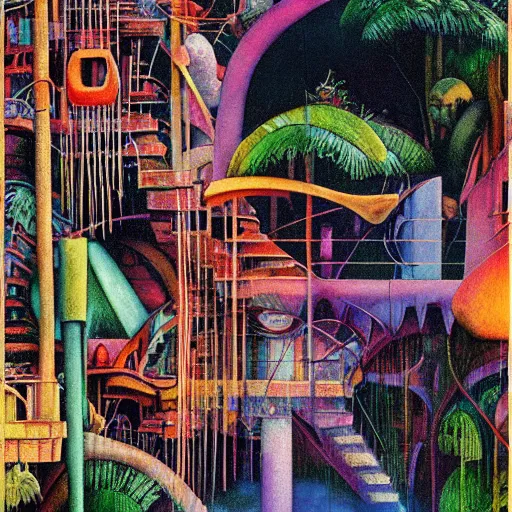 Prompt: las pozas, techno poster art by diego rivera, moebius, ernst haekl, bauhaus, surrealism, neoclassicism, renaissance, cut out, hyper realistic, pastell colours, spray paint drips, cell shaded, 8 k - h 7 0 4