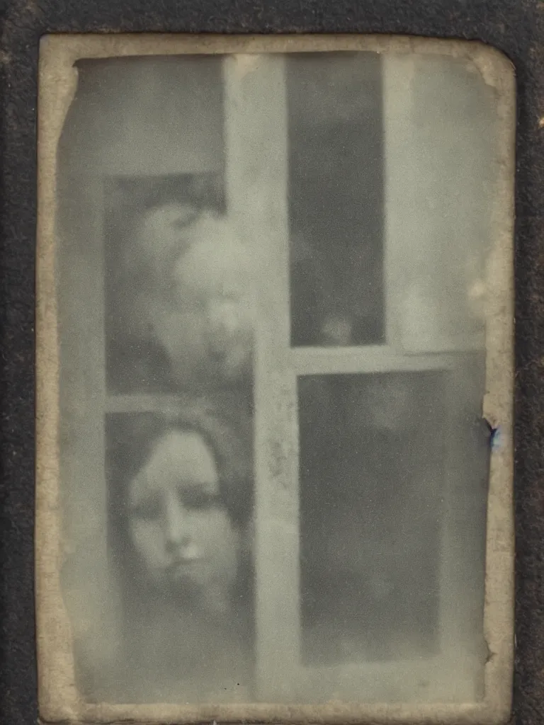 Image similar to a tintype photograph. the face of a ghost in the window of a house, next to the front door