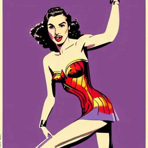 Image similar to full body portrait of gal gadot in the style of bill medcalf, retro, 1 9 5 0, 4 k, detailed, screen print