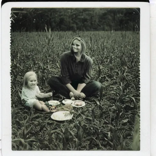 Prompt: old polaroid of an family picnic with a weird creature in a corn field