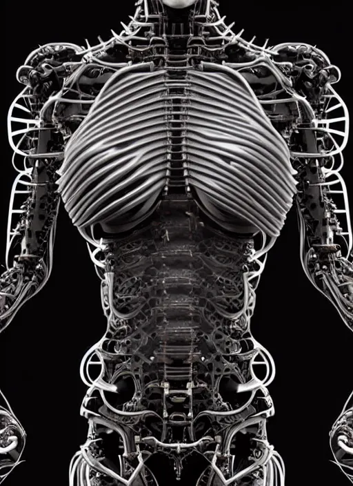 Image similar to organic cyborg full frontal torso close-up, Symmetrical! vivid blackest black satin plastic, diffuse lighting, fantasy, intricate, elegant, highly detailed, lifelike, photorealistic, digital painting, artstation, illustration, concept art, smooth, sharp focus, art by John Collier and Albert Aublet and Krenz Cushart and Artem Demura and Alphonse Mucha