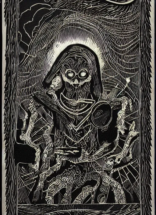 Prompt: fear of technology, black paper, tarot card, highly detailed, dave quiggle, border, intricate ink illustration