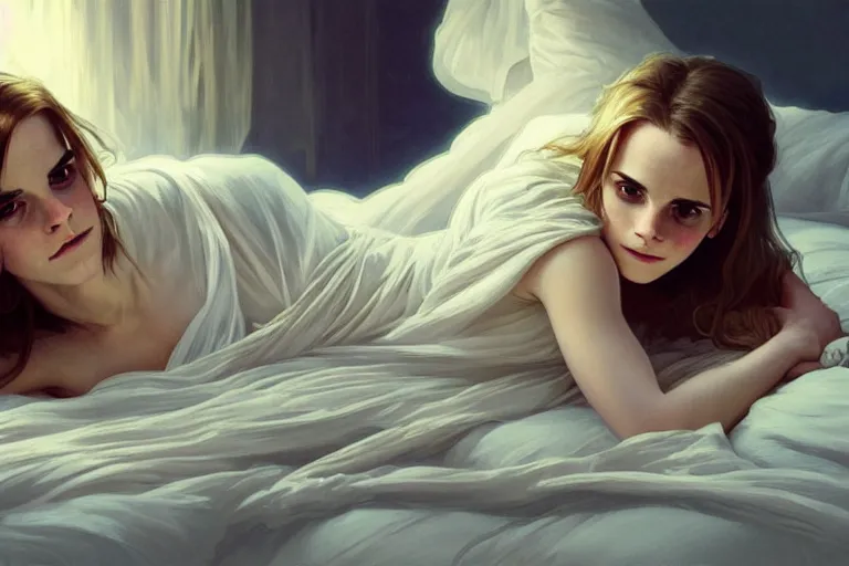 Image similar to Emma Watson lying on the bed in sleepwear, very beautiful face, night time, intricate, elegant, highly details, digital painting, 4k, HDR, artstation, concept art, smooth, sharp focus, illustration, art by Artgerm and Greg Rutkowski and Alphonse Mucha