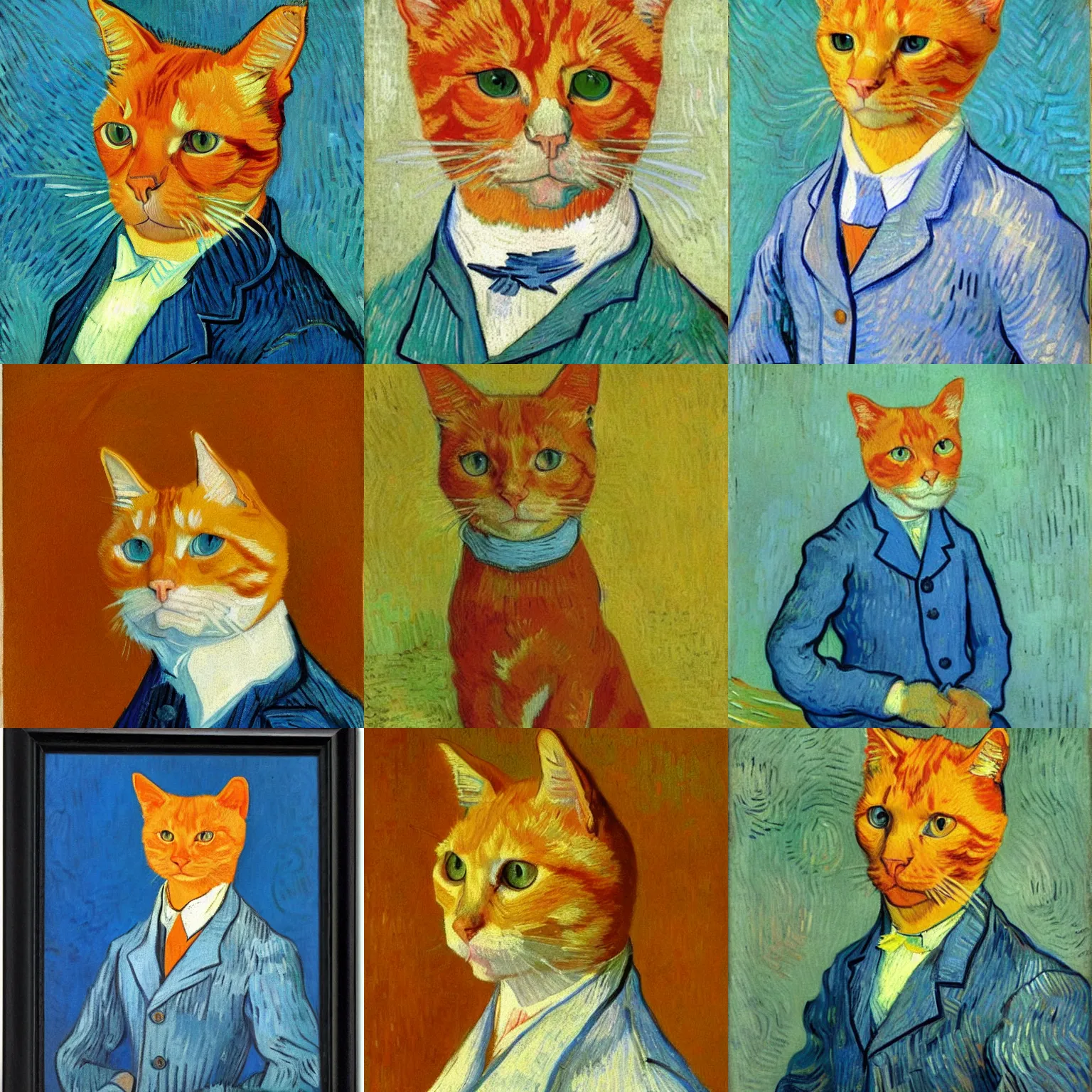 Prompt: a portrait of a ginger orange cat, wearing a light blue suit, by Vincent Van Gogh