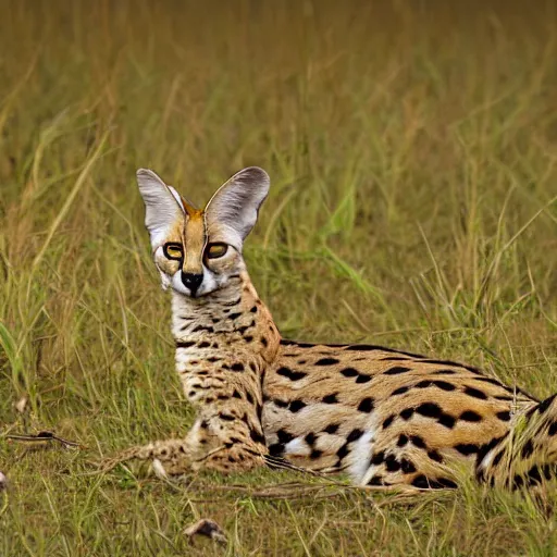 Image similar to photo of a serval with a torso that is extremely long and thin and twisted into a coil like a boa - constrictor. it is in a savanna. its tongue is a long forked snake - tongue. award - winning nature photography ; high - resolution.