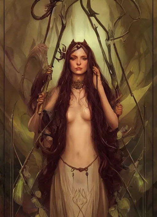 Image similar to tarot!!, fairy queen, fantasy medieval, no noise, elegant, concept art, sharp focus, beautiful face!!, digital art, smooth defined outlines!!, by Brom, trending on Artstation, Tom Bagshaw, Sargent