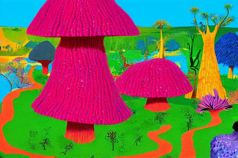 Image similar to a crystal and mushroom ridden world, extinct species, epic land formations, detailed, wide shot, created by david hockney. - h 4 0 0