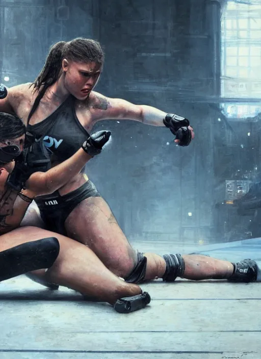 Image similar to ronda rousey vs thug. armbar. cyberpunk mercenary in a cyberpunk jumpsuit ( blade runner 2 0 4 9, cyberpunk 2 0 7 7 ). orientalist portrait by john william waterhouse and james gurney and theodore ralli and nasreddine dinet, oil on canvas. cinematic, hyper realism, realistic proportions, dramatic lighting, high detail 4 k