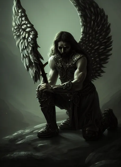 Image similar to fantasy art, fallen man angel kneeling on the knees with a sword and shield, close-up, bokeh. dark art masterpiece artstation. 8k, sharp high quality illustration in style of Jose Daniel Cabrera Pena and Leonid Kozienko, Tooth Wu, studio lighting. angel with big wings