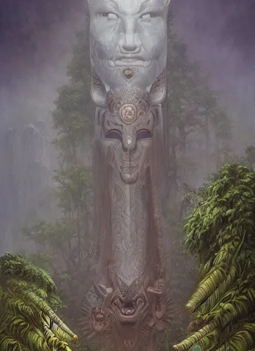 Image similar to a totem in the jungle surrounded by mist, swith faces of ancestors in the mask wearing tribal masks, hyper detailed, art by christophe vacher