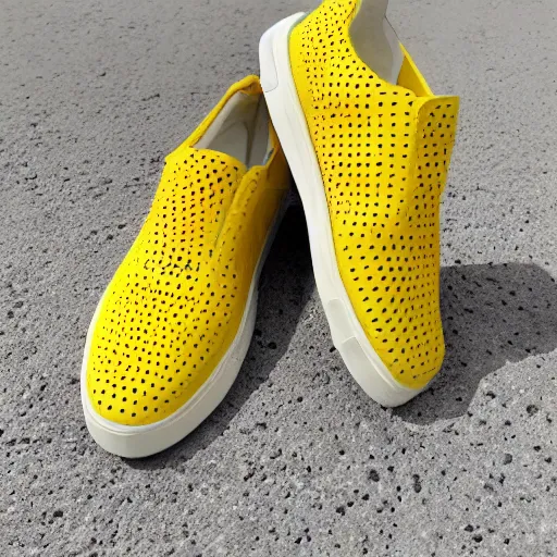 Image similar to yellow sneaker shoe full of holes that is made from Swiss cheese