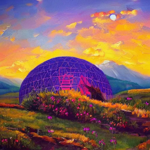 Image similar to several dreamy geodesic domes in a beautiful alpine environment at sunset, expressive oil painting
