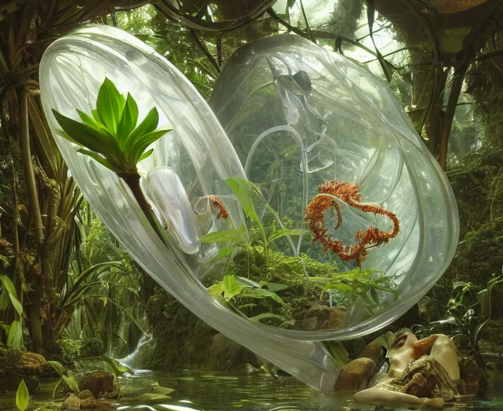 Image similar to simplicity, transparent clear see - through image of mollusks, lush botany, orchids, ferns, biomechanical environment, ultra realistic, concept art, photorealistic, octane render, 8 k, unreal engine. art by gustave dore and nori inoguchi and sam kaplan and zachary goulko and christopher marley and artgerm and alphonse mucha