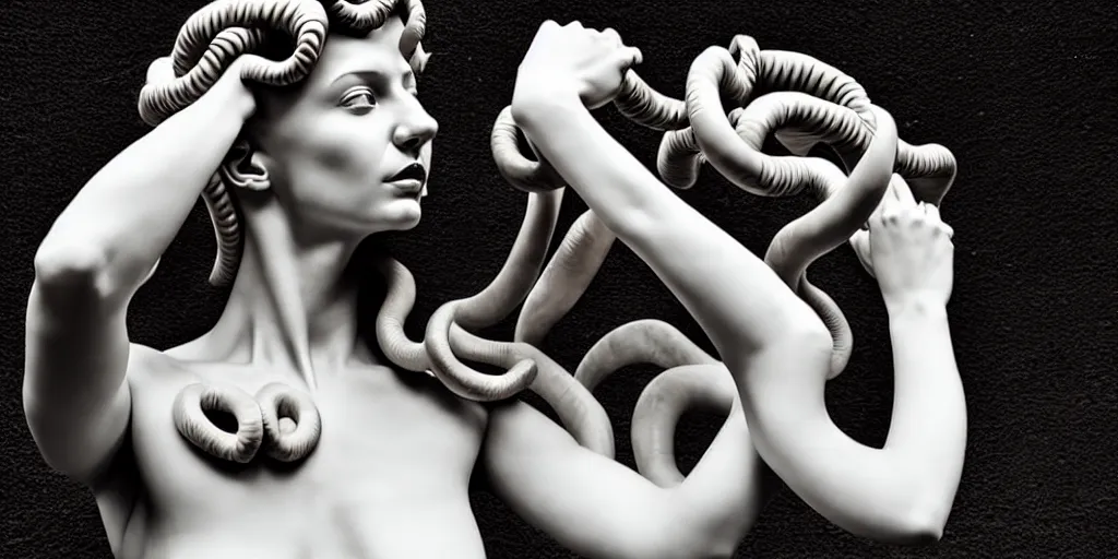 Prompt: modern sculpture, young woman as medusa, multiple poses, prominent jawline