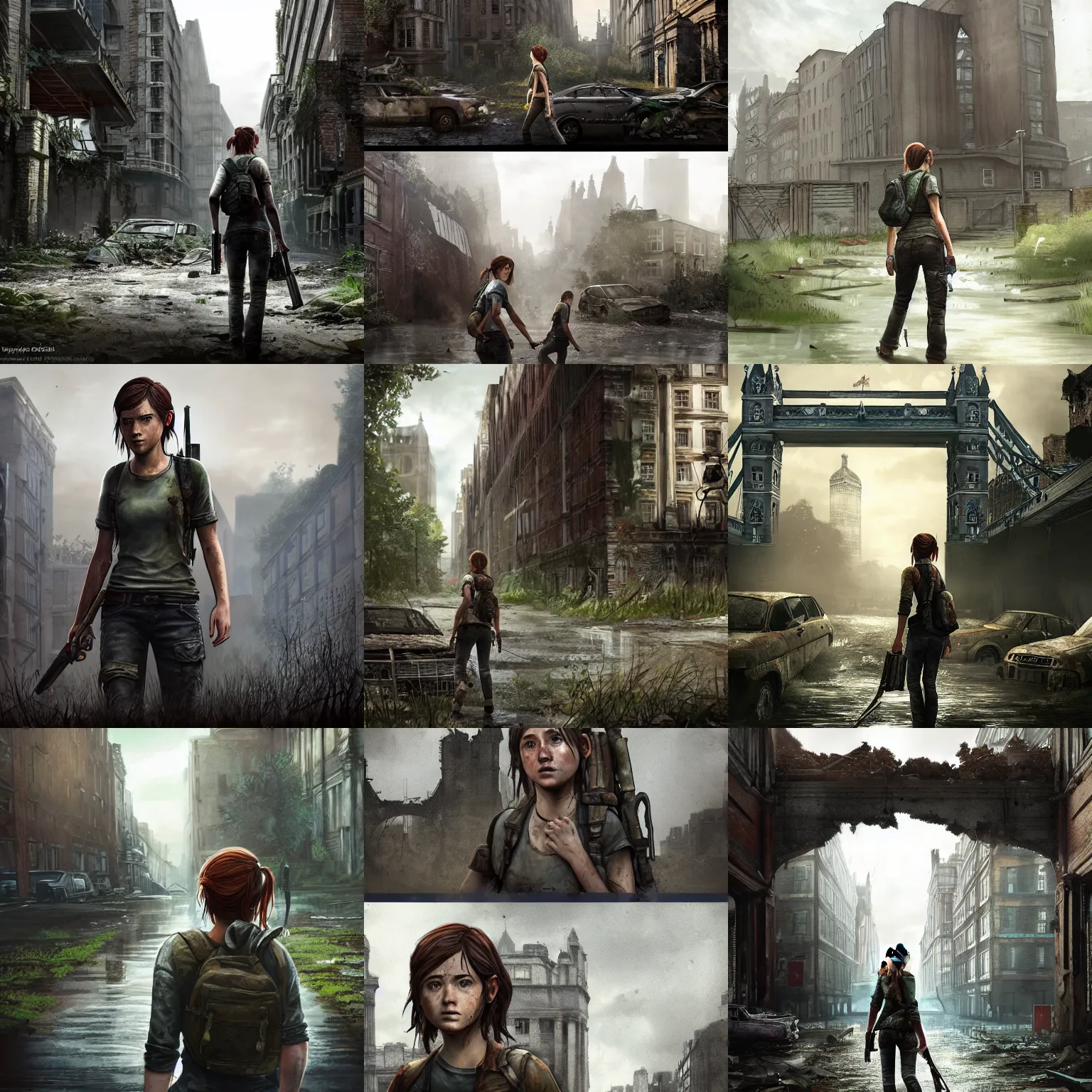 Prompt: Ellie from the Last of Us walks through the ruins of London, trending on ArtStation