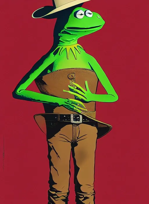 Prompt: poster artwork by Michael Whelan and Tomer Hanuka, portrait of Kermit the Frog wearing a cowboy hat, background Old spaghetti western, clean