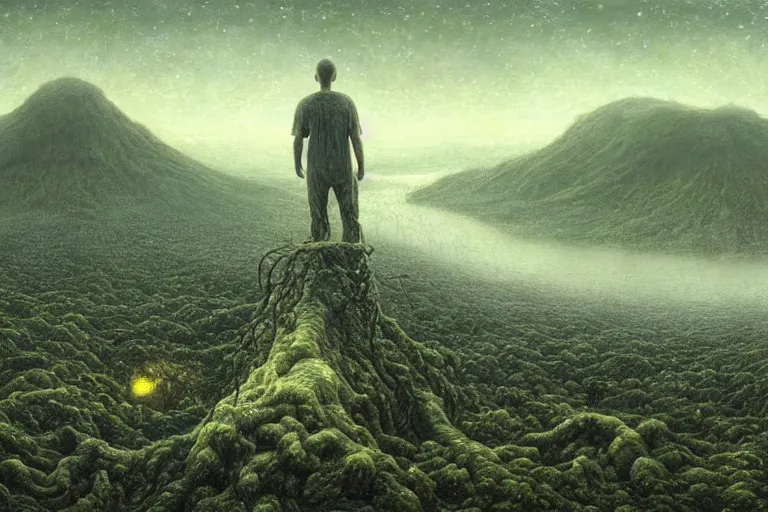 Prompt: Haunting horrifying hyperrealistic detailed painting of an ultrawide landscape showing a tall pale man sitting atop a mountain of humans in a foggy hellscape with spread out lakes of green gelatinous liquid reflective and goop, eyeballs bulging, stars in the sky, a galaxy in the sky, dystopian feel, heavy metal, disgusting, creepy, unsettling, in the style of Michael Whelan and Zdzisław Beksiński, lovecraftian, hyper detailed, trending on Artstation