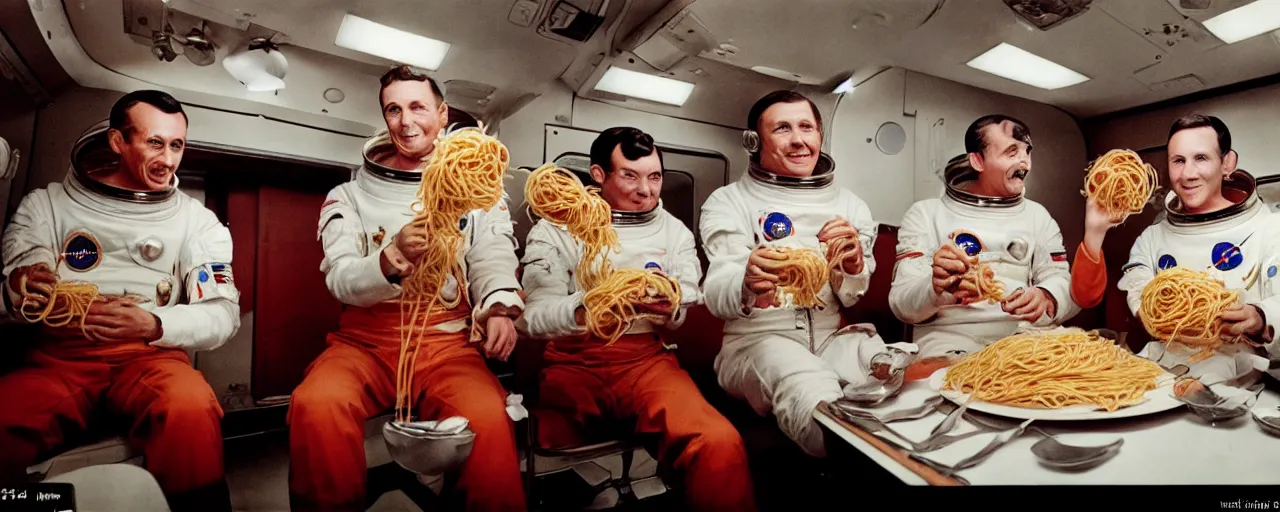 Image similar to 1 9 6 0's astronauts eating spaghetti on their way to the moon, ultra - realistic faces, fine detail, anon 5 0 mm, in the style of diane arbus, in the style of wes anderson, kodachrome, retro