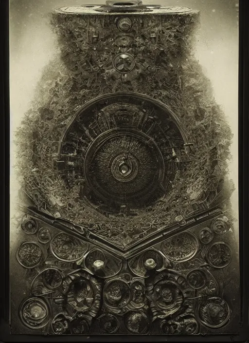 Prompt: old wetplate daguerreotype birth of artificial intelligence, fractal, intricate, elegant, highly detailed, parallax, leica, medium format, subsurface scattering, by jheronimus bosch and greg rutkowski and louis jacques mande daguerre