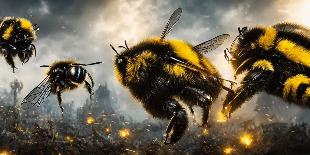 Prompt: Bumblebees going to war , realistic 4k octane beautifully detailed render, 4k post-processing, highly detailed, intricate complexity, epic composition, magical atmosphere, cinematic lighting, masterpiece, ultra hd