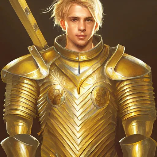 Image similar to Portrait of a young knight with medium-length blond hair wearing a golden armor with a sun symbol, fantasy, highly detailed, digital painting, artstation, concept art, illustration, art by Bayard Wu and Marc Simonetti