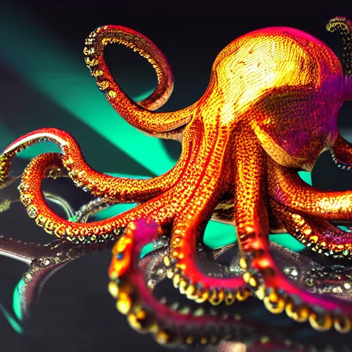 Prompt: an extremely high quality 8 k 3 d render of a metallic cyberpunk neon octopus with polished, highly reflective highly detailed, high quality, clean, sharp, crisp clean shapes, cast glass eyes, symmetrical, mercury tentacles, high detail, very aesthetically pleasing