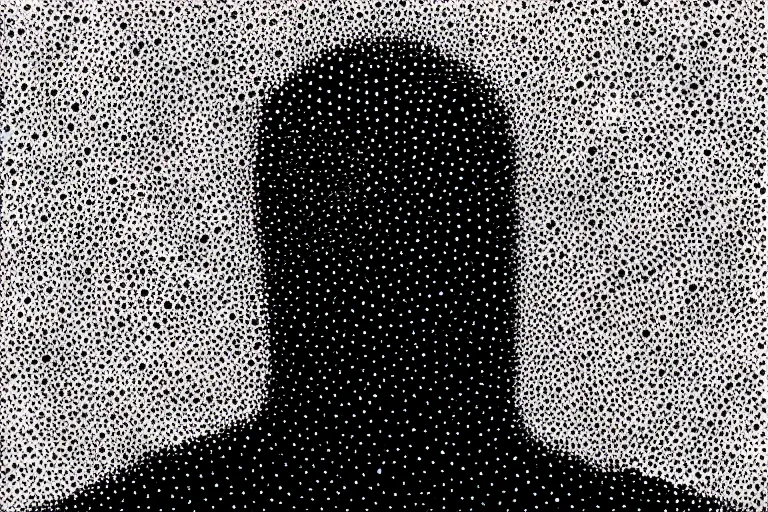 Image similar to face made out of mist, faceless people dark, dots, drip, stipple, pointillism, technical, abstract, minimal, style of francis bacon, asymmetry, pulled apart, cloak, hooded figure, made of dots, abstract, balaclava