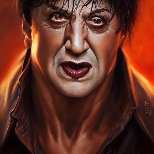 Prompt: close up cringy sylvester stallone as a vampire, elegant, highly detailed, centered, digital painting, artstation, concept art, smooth, sharp focus, illustration, artgerm, tomasz alen kopera, peter mohrbacher, donato giancola, joseph christian leyendecker, wlop, frank frazetta