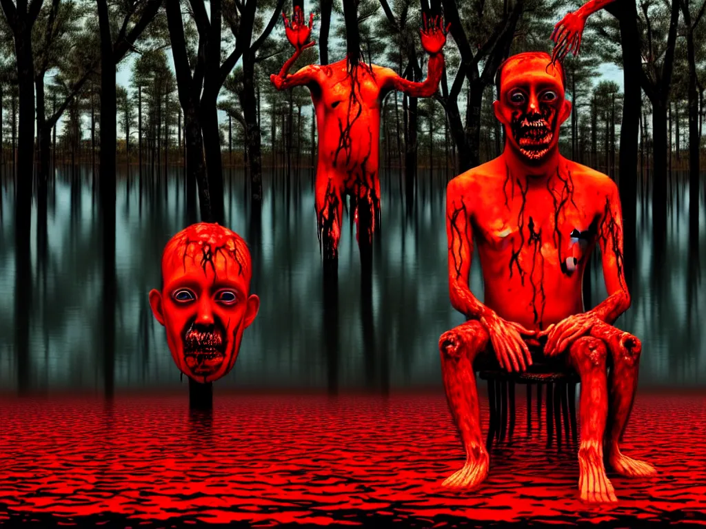 Prompt: a portrait of a man with five heads, twelve arms, sitting on chair made of human limbs, the chair is floating in a lake of blood, around the lake are melting trees, the man's limbs are merging with the trees, digital art, hyperrealistic nightmare scene, supernatural, highly detailed, creepy, terrifying