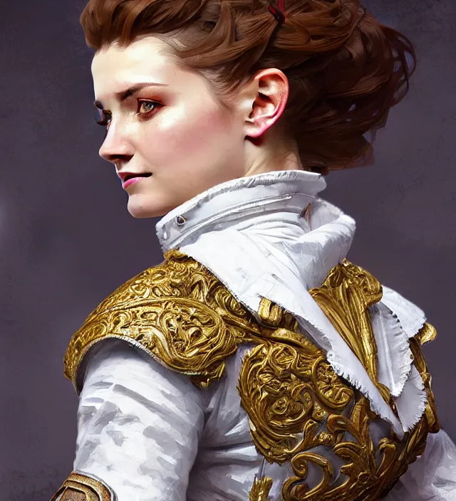 Image similar to portrait of a russian woman wearing a white traditional nineteenth century military jacket, metal shoulder pauldrons, intricate, highly detailed, digital painting, artstation, concept art, sharp focus, cinematic lighting, illustration, art by artgerm and greg rutkowski, alphonse mucha, cgsociety