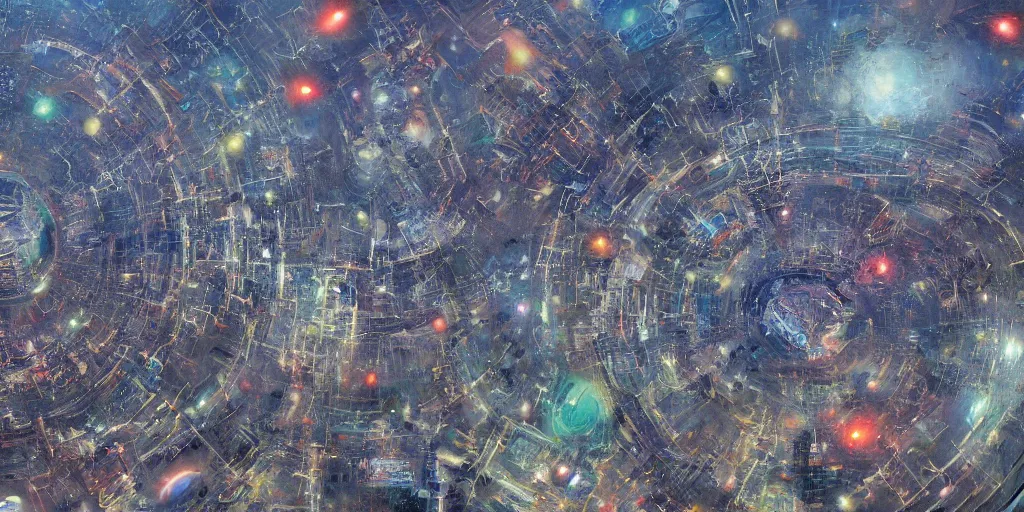 Prompt: a painting of low earth orbit busy space city by chase stone and paul chadeisson. ultra clear detailed, 4 k