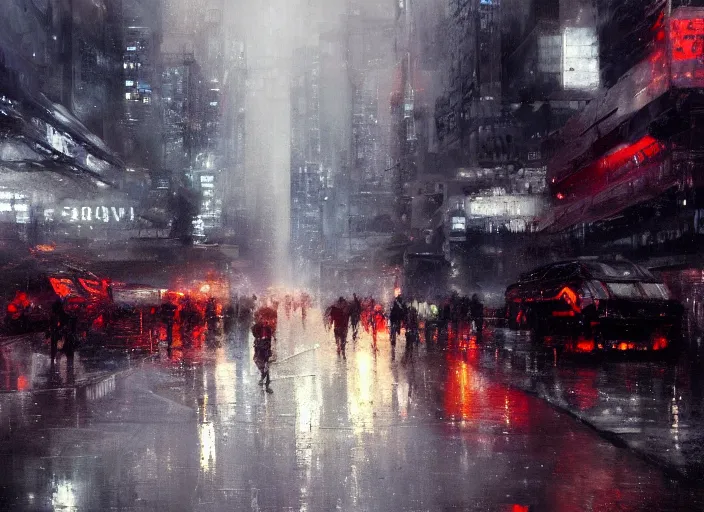 Image similar to neotokyo cityscape in winter painted by jeremy mann, street - level, dripping oil paint, thick brushstrokes, abstracted painterly techniques, high resolution, 8 k