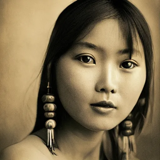 Image similar to vintage portrait of a stunningly beautiful asian tribal female smiling, depth of field, zeiss lens, detailed, symmetrical, centered, fashion photoshoot, by edward s curtis, Annie Leibovitz and Steve McCurry, David Lazar, Jimmy Nelsson, Breathtaking, 8k resolution, extremely detailed, beautiful, establishing shot, artistic, hyperrealistic, beautiful face, octane render