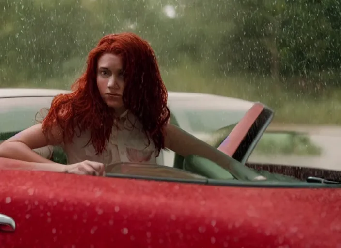 Image similar to A very high resolution image from a new movie, inside of a car, teen red hair woman, raining, hot, directed by wes anderson