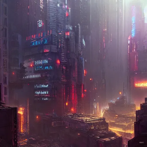 Prompt: rpg battlemap of a cyberpunk city, greg rutkowski, dramatic lighting, overhead, beautiful lighting