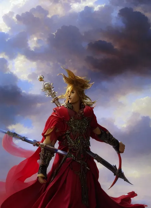 Image similar to A boisterous Red Mage wearing striped shining armor holding a staff of power surrounded by an epic cloudscape. The Magus Omega . Red Wizard. Morpheus. masterpiece. 4k digital illustration. by Ruan Jia and Artgerm and Andreas Rocha and William-Adolphe Bouguereau and Edmund Blair Leighton. award winning, Artstation, intricate details, realistic, Hyperdetailed, 8k resolution. Concept Painting. Key Art