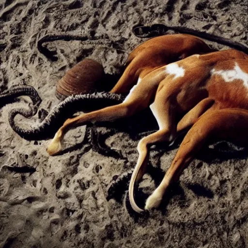 Prompt: National Geographic photo of horse full of octopus being eaten by African hunting dogs